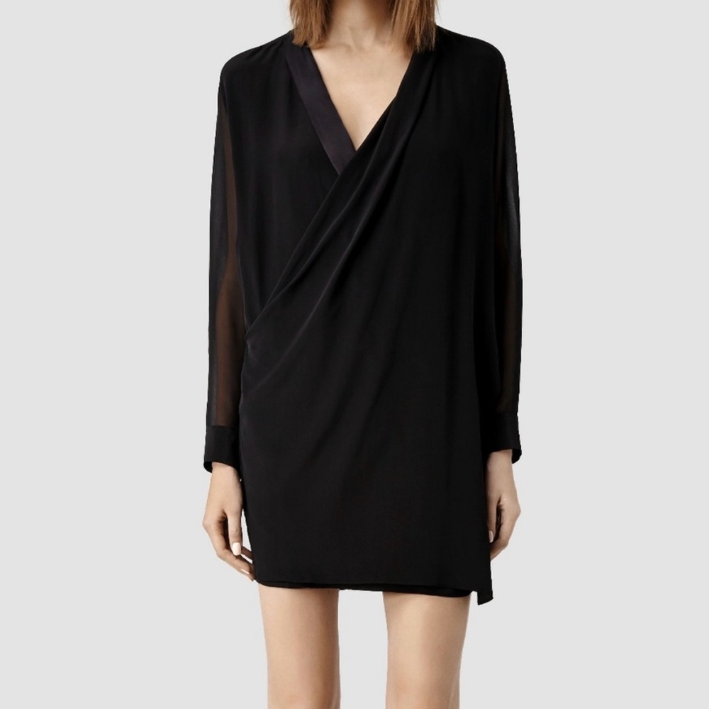 All Saints Lucas 100% Silk Draped Wrap Shirt Dress Black Size 4 NWT